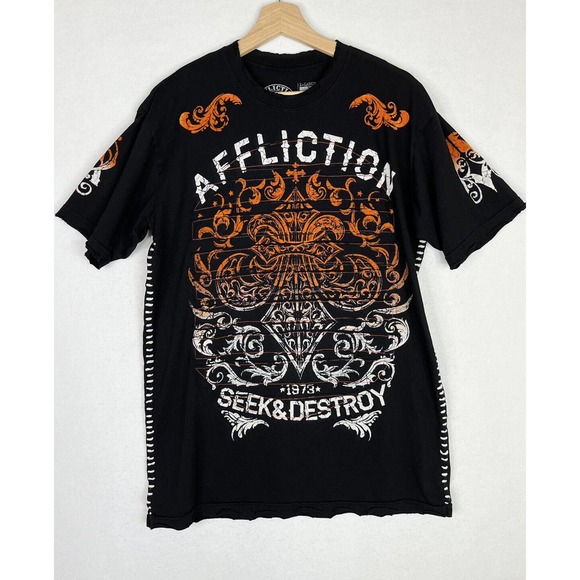 Affliction Other - Affliction Mens XL Tee Shirt S/S Thick Side Stitch Seek Destroy Black Orange